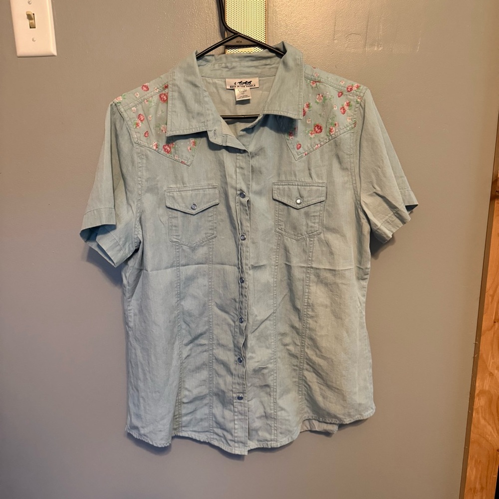 Light Blue Button Down Shirt with Floral Embroidery